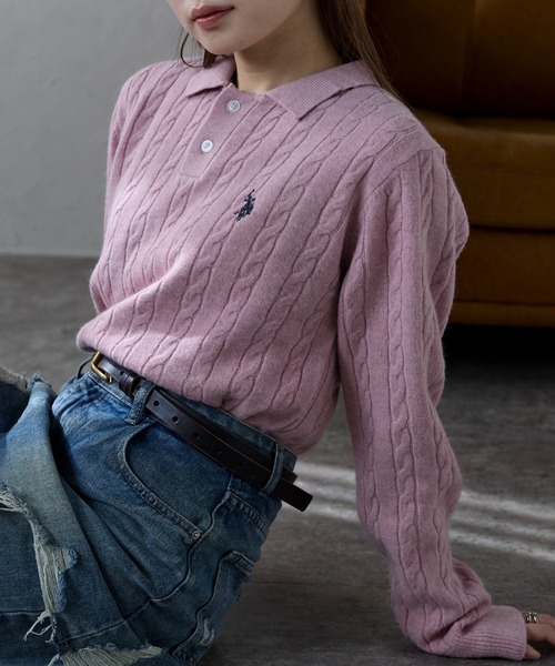 ニット セーター ap retro別注「U.S. POLO ASSN./ユーエスポロアッスン」ワンポイントケーブルニットポロ レディース
