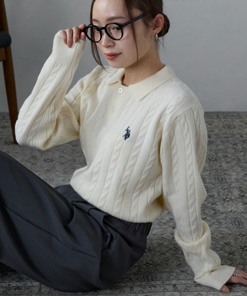 ニット セーター ap retro別注「U.S. POLO ASSN./ユーエスポロアッスン」ワンポイントケーブルニットポロ レディース U.S. POLO ASSN. ニット セーター ap retro別注「U.S. ASSN