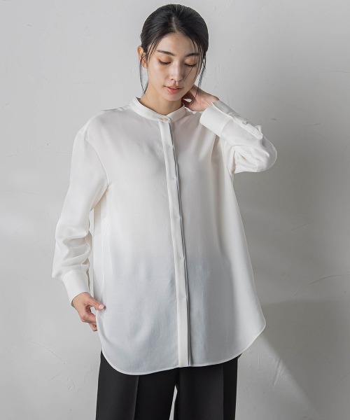 ブラウス シャツ フロント配色バンドカラーブラウス「洗濯機で洗える」 レディース la.f ブラウス シャツ フロント配色バンドカラーブラウス