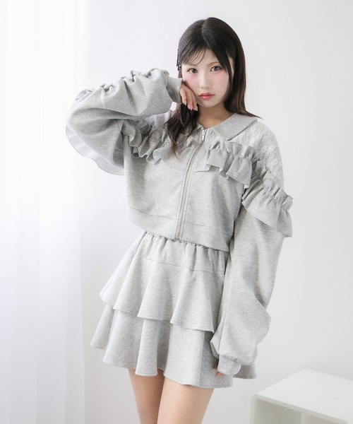 Ballsey のリーフチュールレースフレアカラーショートブルゾン ボールジィ Ballsey リーフチュールレース フレアカラーショート