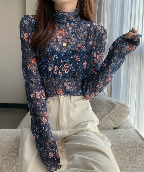 CELENA BEATS tシャツ 花柄 メローシャーリング レース シアートップス
