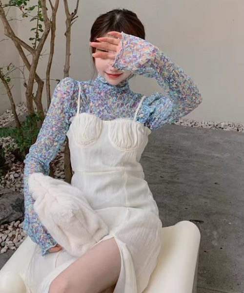 CELENA BEATS tシャツ 花柄 メローシャーリング レース シアートップス