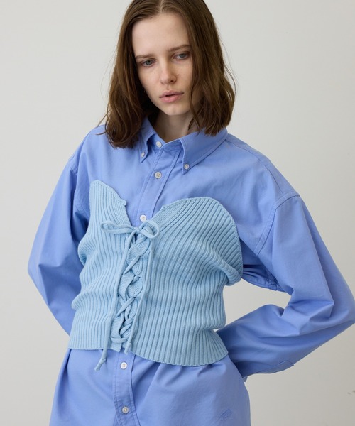 uyu. チューブトップ ベアトップ レースアップリブニットビスチェ