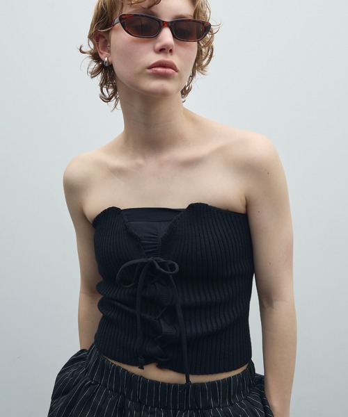 uyu. チューブトップ ベアトップ レースアップリブニットビスチェ