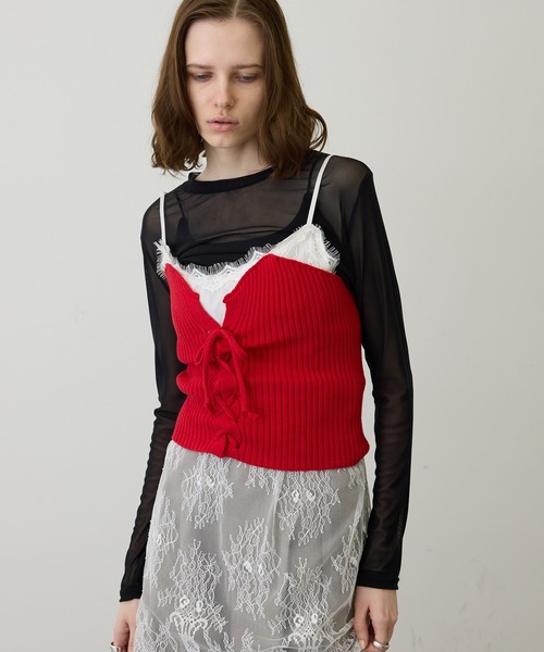 uyu. チューブトップ ベアトップ レースアップリブニットビスチェ