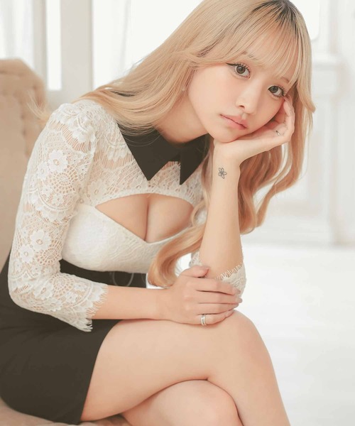 キャバ♡スカラップレースワンピ♡ベルト付 Tika（ティカ） ドレス キャバドレス 韓国 ミニ タイト 七分袖
