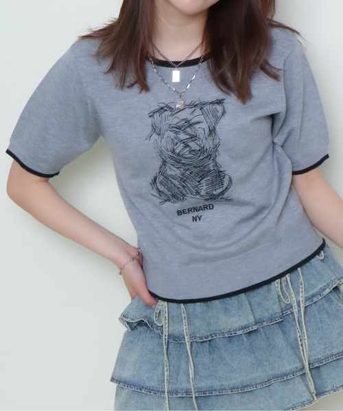ニット セーター 「犬モチーフ刺繍×配色リブ」レディース 半袖
