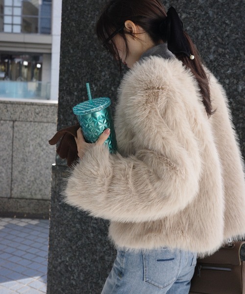 コート アウター ノーカラーフェイクファーコート レディース