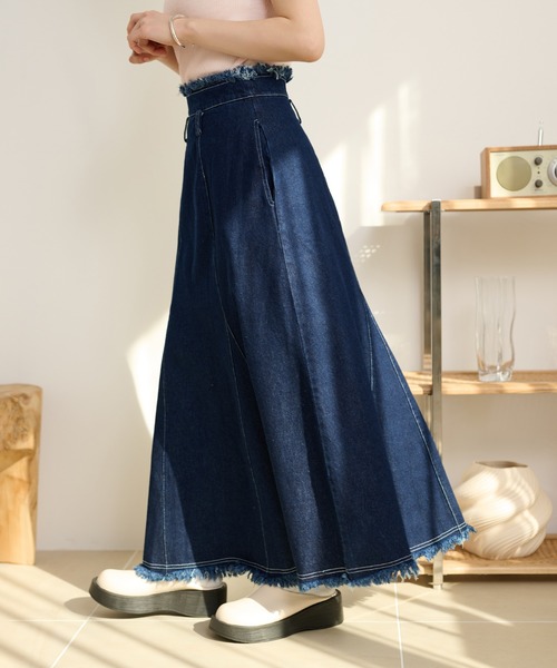 デニムスカート fringe stitch denim long skirt /フリンジパターン