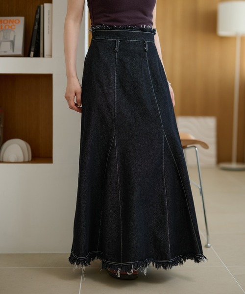 デニムスカート fringe stitch denim long skirt /フリンジパターン