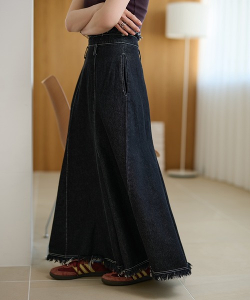 デニムスカート fringe stitch denim long skirt /フリンジパターン
