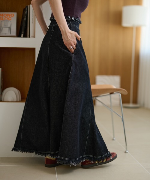 デニムスカート fringe stitch denim long skirt /フリンジパターン