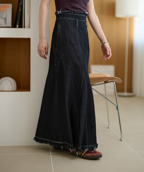 デニムスカート fringe stitch denim long skirt /フリンジパターン