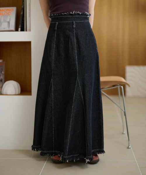 デニムスカート fringe stitch denim long skirt /フリンジパターン