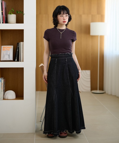リンカブル　【新品】キルトデニムスカートブラック デニムスカート fringe stitch denim long skirt /フリンジパターン