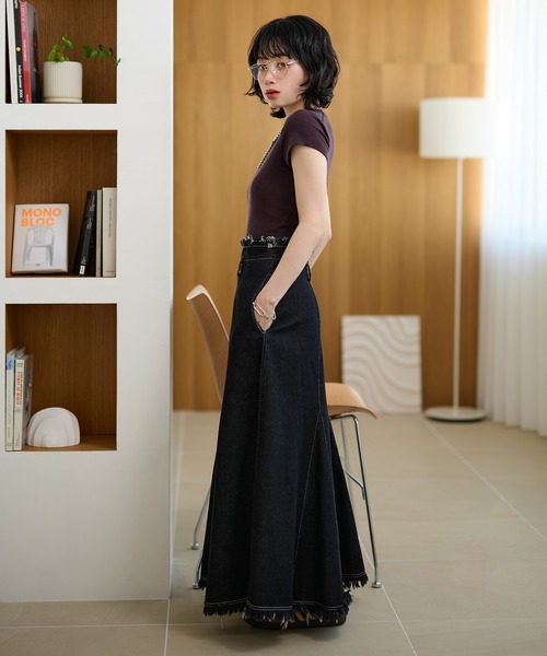 digne ロングスカート デニムスカート fringe stitch denim long skirt /フリンジパターン