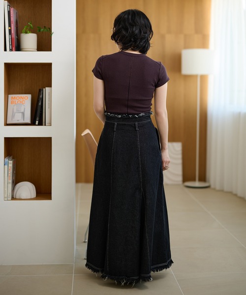 デニムスカート fringe stitch denim long skirt /フリンジパターン