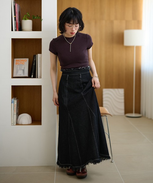 デニムスカート fringe stitch denim long skirt /フリンジパターン