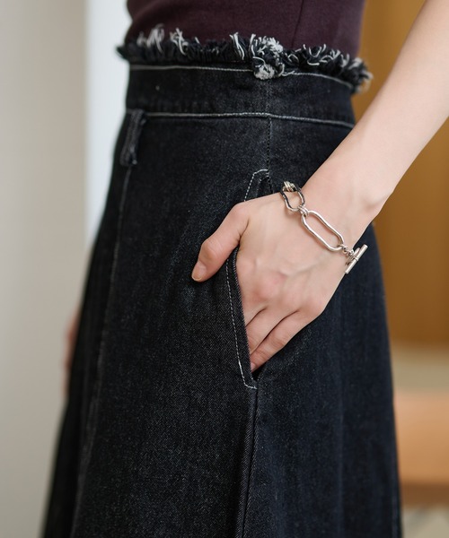 デニムスカート fringe stitch denim long skirt /フリンジパターン