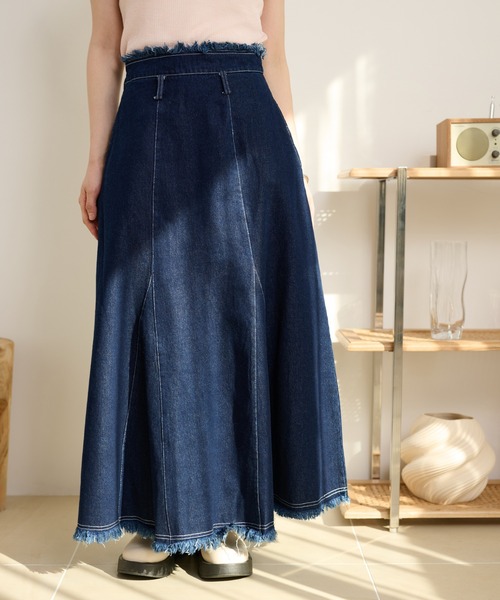 デニムスカート fringe stitch denim long skirt /フリンジパターン