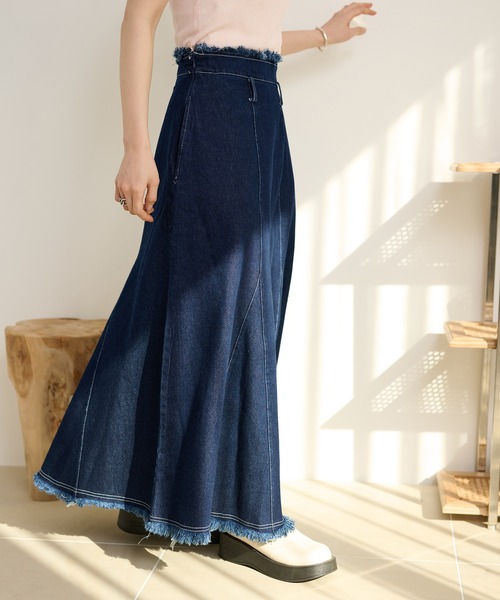 ダークデニム フリンジスカート デニムスカート fringe stitch denim long skirt /フリンジパターン