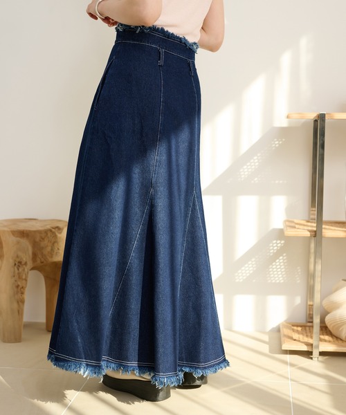 デニムスカート fringe stitch denim long skirt /フリンジパターン