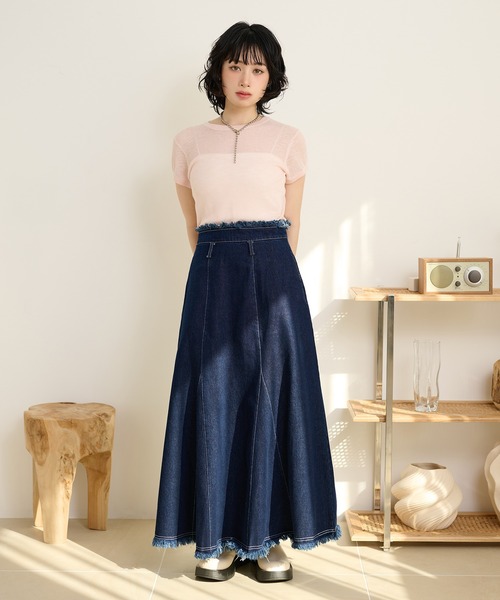 デニムスカート fringe stitch denim long skirt /フリンジパターン