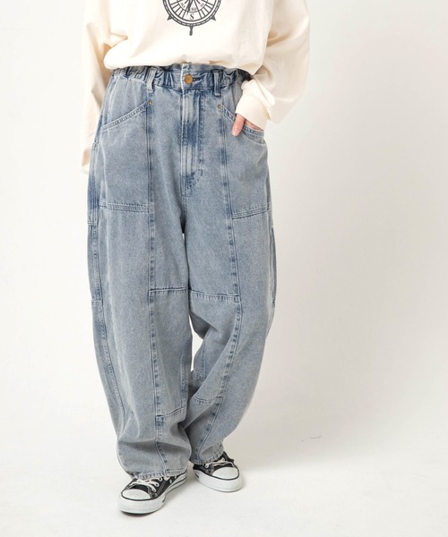 ワイドパンツ ジーンズ デニム デニムパンツ R4465 ブロックパンツ レディースの画像