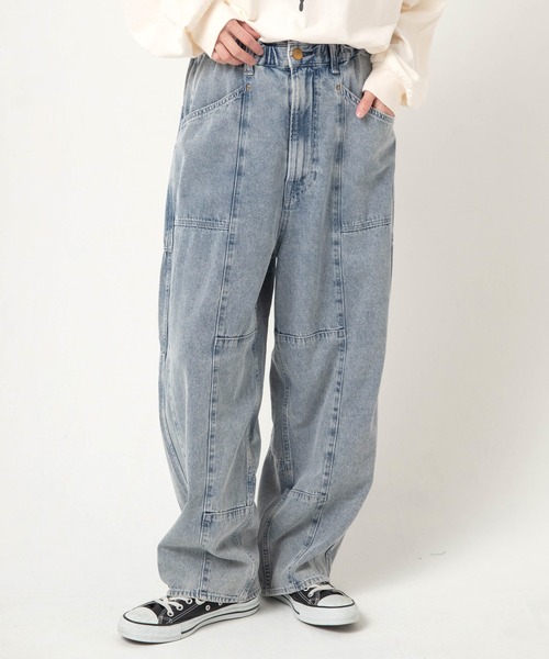 ワイドパンツ ジーンズ デニム デニムパンツ R4465 ブロックパンツ レディースの画像