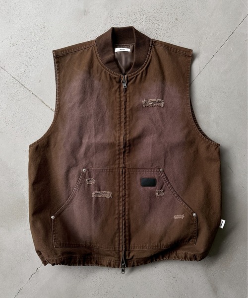 Perushu ベスト ジレ DAMAGE FADED DUCK DOUBLE ZIP VEST／ダメージ