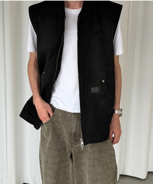 Midorikawa ZIP-UP VEST ダメージ加工 スウェット ベスト Perushu ベスト ジレ DAMAGE FADED DUCK DOUBLE ZIP VEST／ダメージ