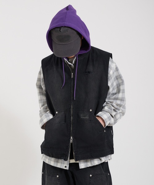 Midorikawa ZIP-UP VEST ダメージ加工 スウェット ベスト Perushu ベスト ジレ DAMAGE FADED DUCK DOUBLE ZIP VEST／ダメージ