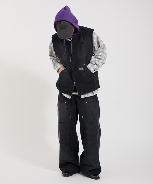 Perushu ベスト ジレ DAMAGE FADED DUCK DOUBLE ZIP VEST／ダメージ