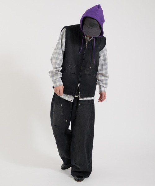 Perushu ベスト ジレ DAMAGE FADED DUCK DOUBLE ZIP VEST／ダメージ