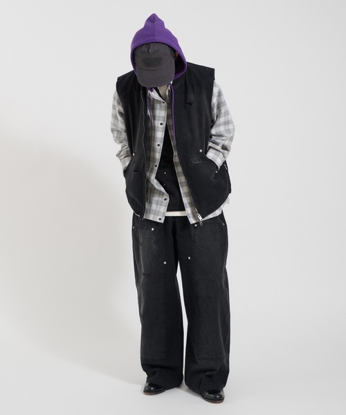 Perushu ベスト ジレ DAMAGE FADED DUCK DOUBLE ZIP VEST／ダメージ