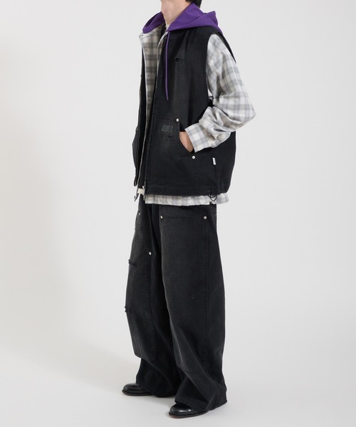 Perushu ベスト ジレ DAMAGE FADED DUCK DOUBLE ZIP VEST／ダメージ