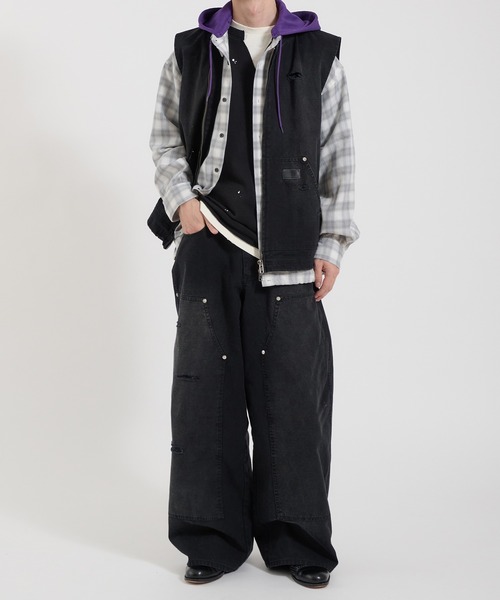 Perushu ベスト ジレ DAMAGE FADED DUCK DOUBLE ZIP VEST／ダメージ