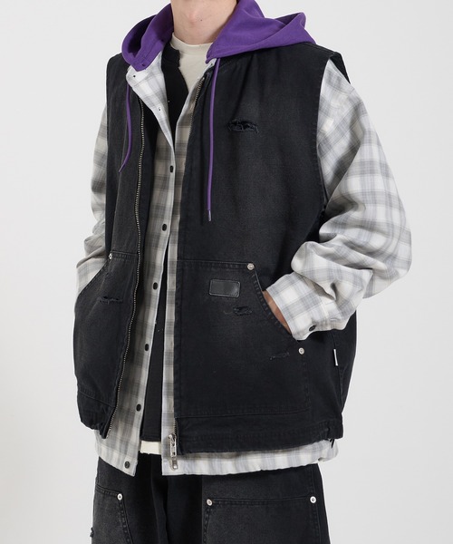 Perushu ベスト ジレ DAMAGE FADED DUCK DOUBLE ZIP VEST／ダメージ