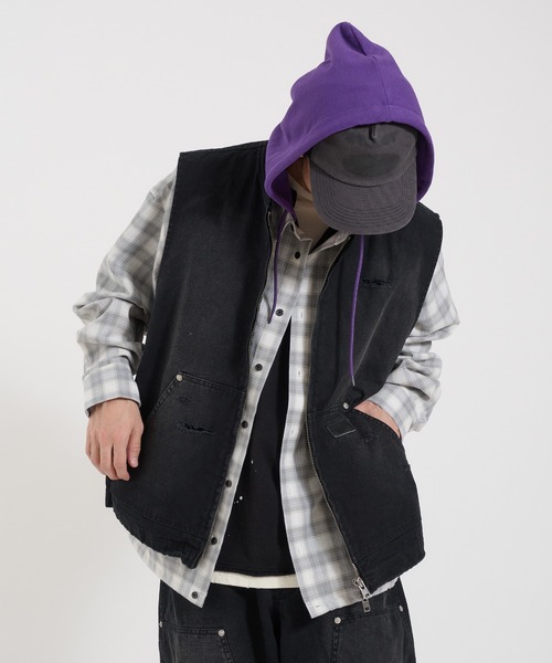 Perushu ベスト ジレ DAMAGE FADED DUCK DOUBLE ZIP VEST／ダメージ