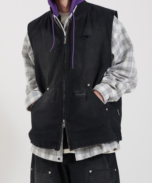 Perushu ベスト ジレ DAMAGE FADED DUCK DOUBLE ZIP VEST／ダメージ