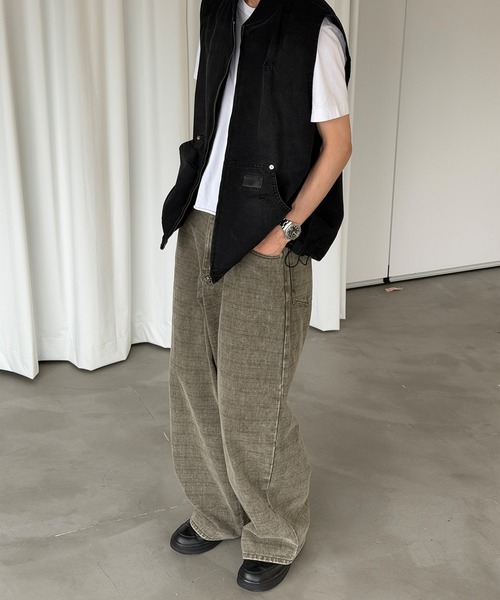 Perushu ベスト ジレ DAMAGE FADED DUCK DOUBLE ZIP VEST／ダメージ