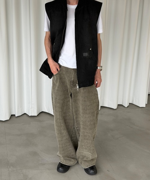 Midorikawa ZIP-UP VEST ダメージ加工 スウェット ベスト Perushu ベスト ジレ DAMAGE FADED DUCK DOUBLE ZIP VEST／ダメージ