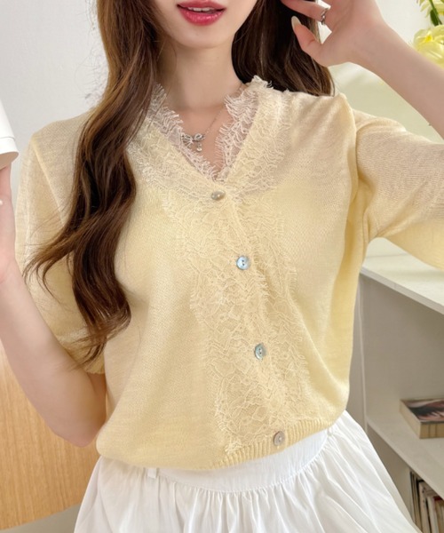 美品♡Rene レーシーニットカーディガン ロゴ パール 23年　サマーニット Ada. カーディガン Vネック レース シアー サマー ニット カーディガン