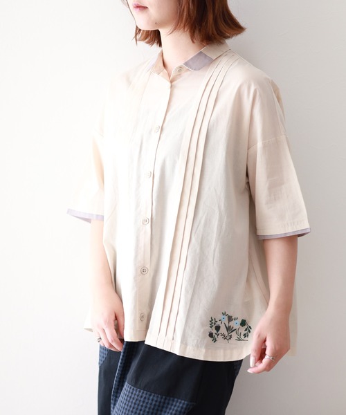 Emago（イマゴ） ブラウス シャツ ピンタック花刺繍シャツ 5分袖 