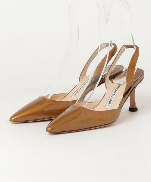 【美品】✨マノロブラニク 24cm ミュール ビジュー レザー 金 37 MANOLO BLAHNIK（マノロブラニク） Carolyne ミュール 35 ブラウン