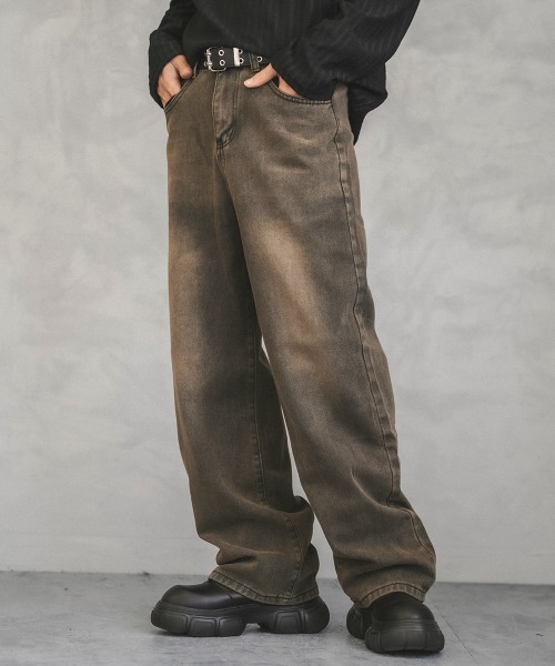 デニムパンツ M~2XL ワイド ウォッシュド ヴィンテージ Shoowtime ジーンズ ビンテージウォッシュワイドデニムパンツ
