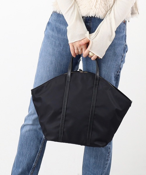 COOCO ネイビー ナイロン トートバッグ COOCO トートバッグ ナイロン×牛革ラウンドトートバッグ