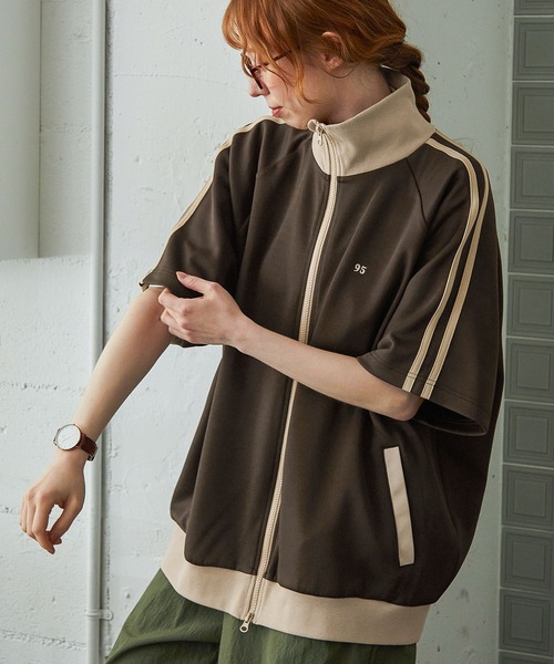 00s  半袖トラックジャケット 刺繍ロゴ 茶 XL A659 ジャージ ナンバリング刺繍半袖トラックジャケット レディース メンズ