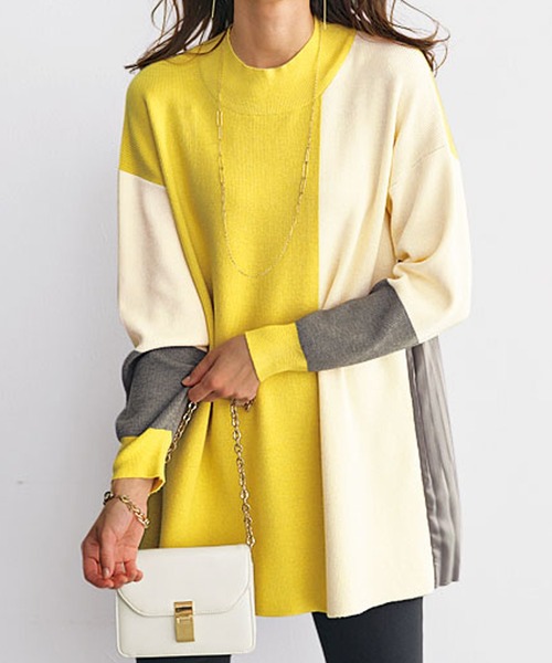BELLUNA PLUS チュニック バックプリーツ切替配色ニット