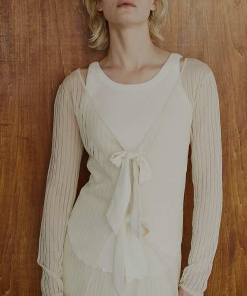 カーディガン sheer rib knit long cardigan レディース